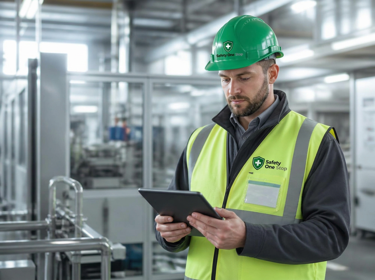 Certified safety consultant conducting a compliance audit inside a manufacturing facility