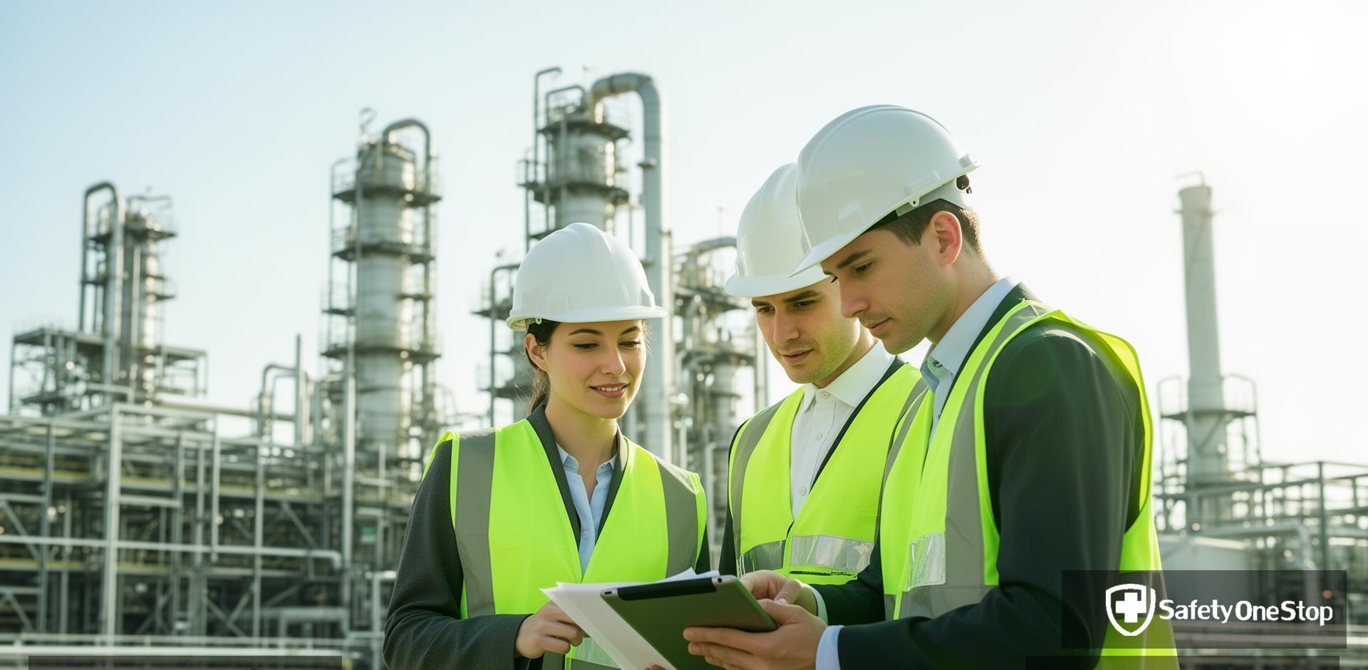 Safety consultants reviewing compliance at industrial facility