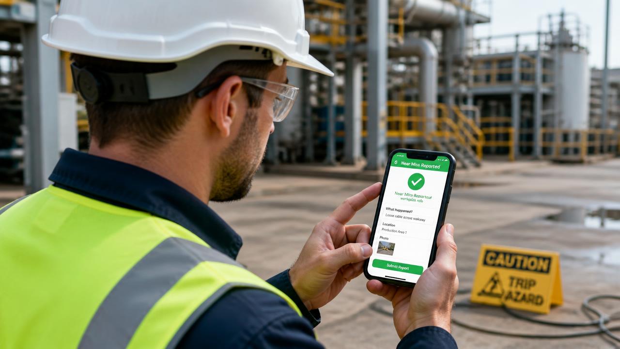 Worker in hard hat and safety vest submitting a near-miss report from a phone