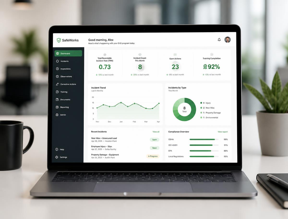 SafeTell.AI compliance dashboard showing incident trends and OSHA compliance metrics
