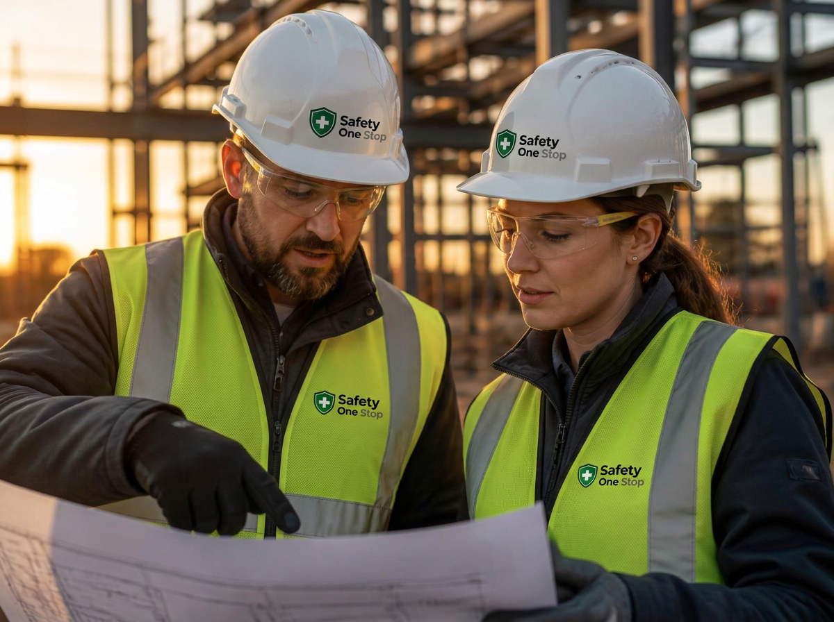 Two safety professionals reviewing site plans during a construction site walkthrough