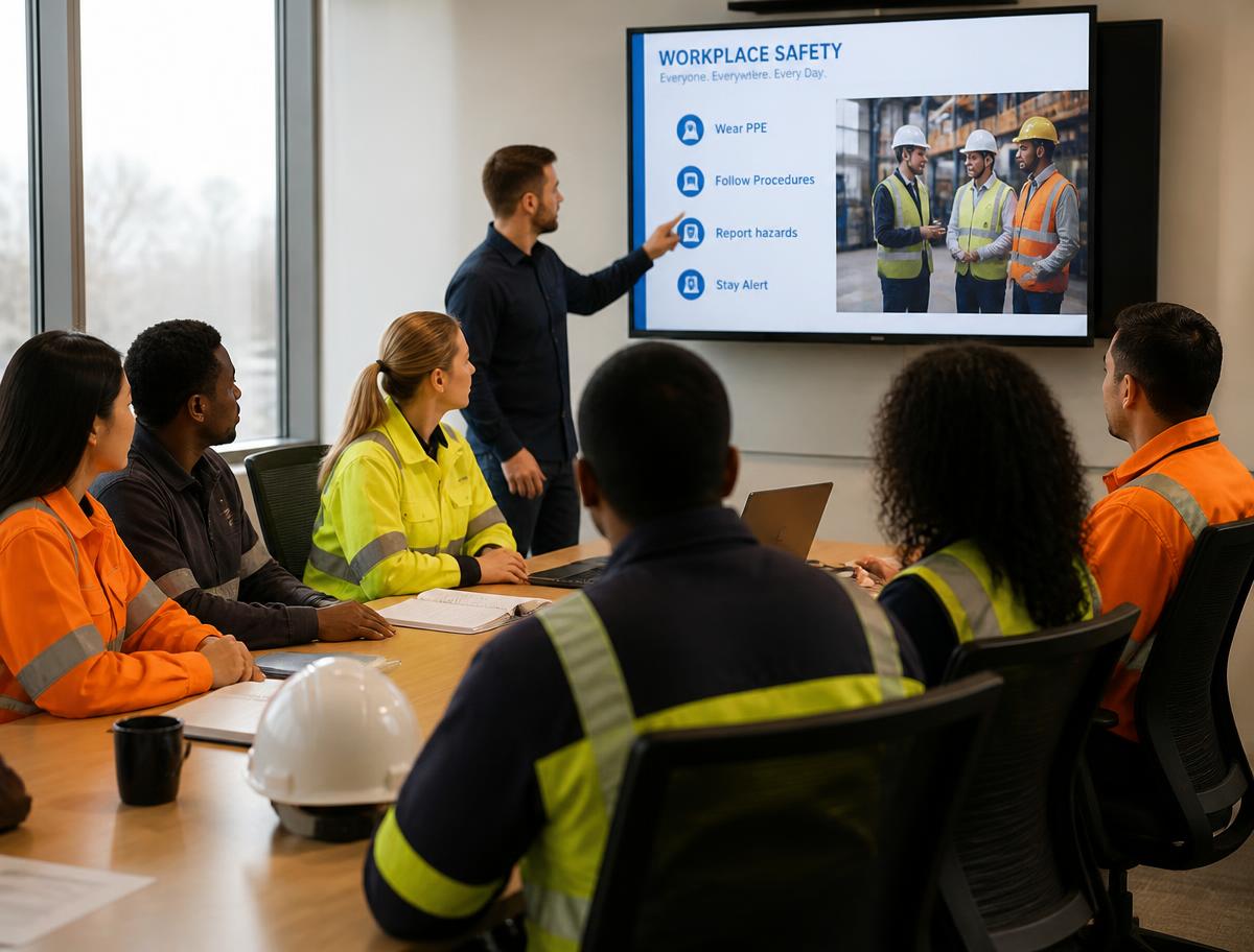 Employees attending a workplace safety training session led by an instructor